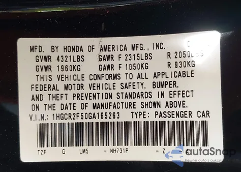 2016 Honda Accord Sport из США, поврежденный, VIN 1HGCR2F50GA165263